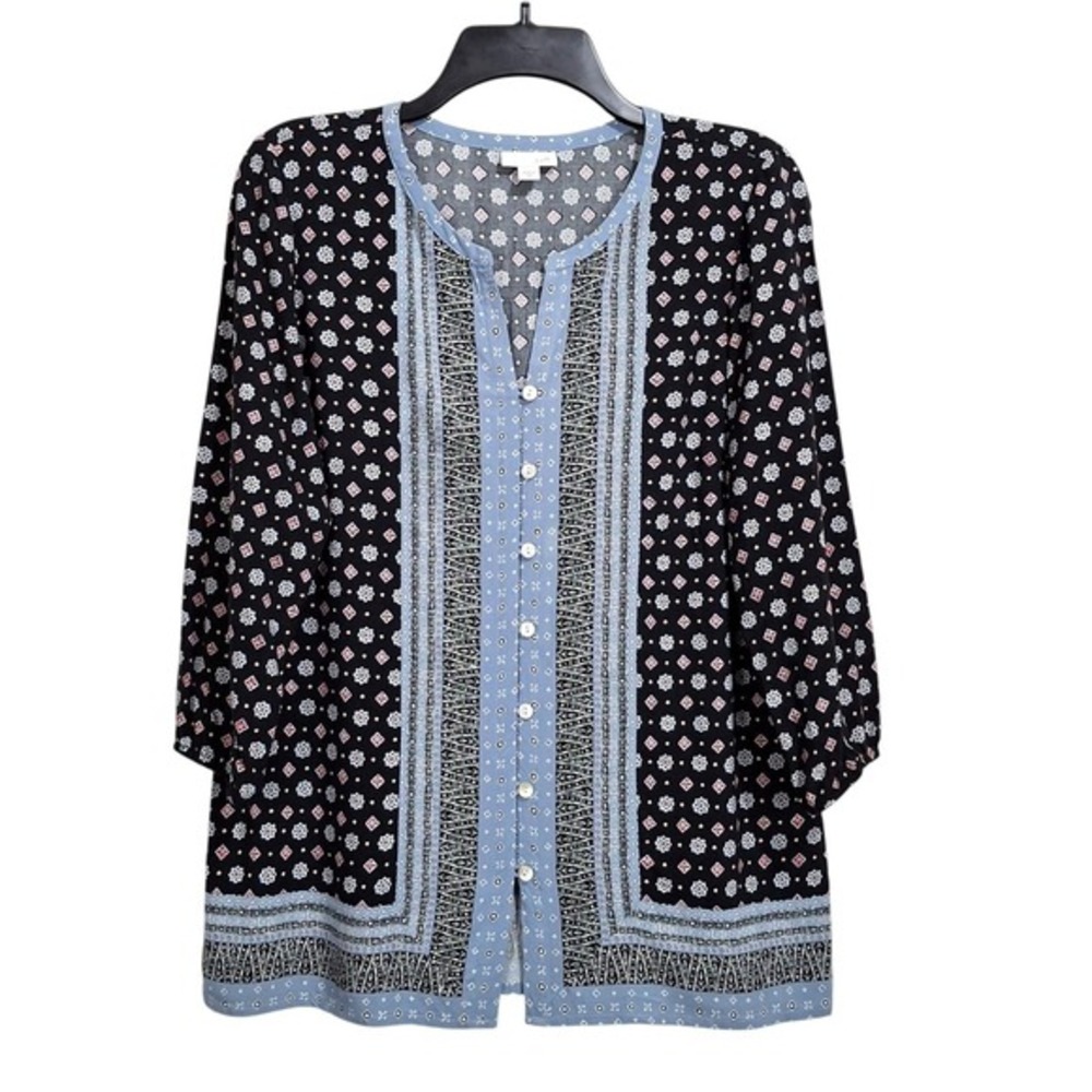 J.‎ Jill Womens Top XS Black Multi 3/4 Sleeve V-Neck  Button-Up Floral Blouse
